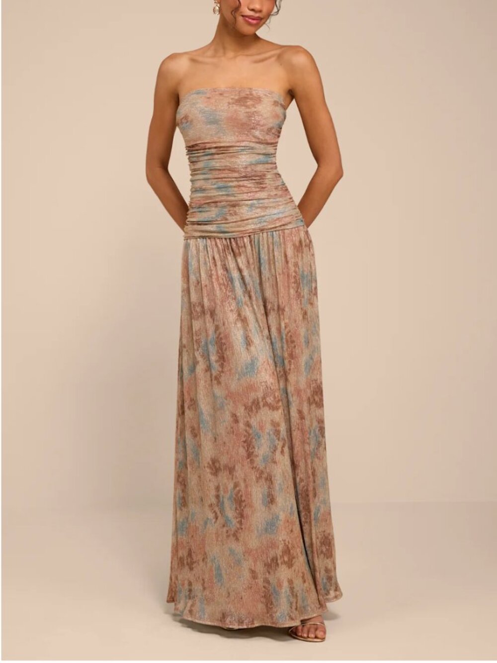 Lulus Elliot Light Brown Multi Abstract Lurex Maxi Dress